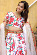 White Blossom Floral Printed Lehenga Set with Gold Border RTI