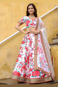 White Blossom Floral Printed Lehenga Set with Gold Border RTI