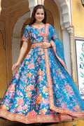 Blue Blossom Floral Printed Lehenga Set with Gold Border RTI