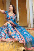 Blue Blossom Floral Printed Lehenga Set with Gold Border RTI