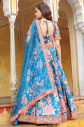 Blue Blossom Floral Printed Lehenga Set with Gold Border RTI