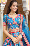 Blue Blossom Floral Printed Lehenga Set with Gold Border RTI