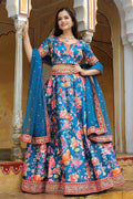 Blue Blossom Floral Printed Lehenga Set with Gold Border RTI