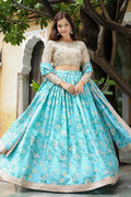 Turquoise Bloom Floral Lehenga Set with Champagne Embroidered Blouse RTI