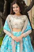 Turquoise Bloom Floral Lehenga Set with Champagne Embroidered Blouse RTI