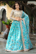 Turquoise Bloom Floral Lehenga Set with Champagne Embroidered Blouse RTI