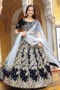 Majesty Navy Velvet Lehenga with Heavy Gold Embroidery & Sheer Dupatta RTI