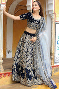 Majesty Navy Velvet Lehenga with Heavy Gold Embroidery & Sheer Dupatta RTI