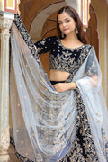 Majesty Navy Velvet Lehenga with Heavy Gold Embroidery & Sheer Dupatta RTI