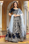 Majesty Navy Velvet Lehenga with Heavy Gold Embroidery & Sheer Dupatta RTI