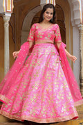 Fuchsia Bloom Pink Lehenga with Golden Zari Embroidery & Sheer Dupatta RTI