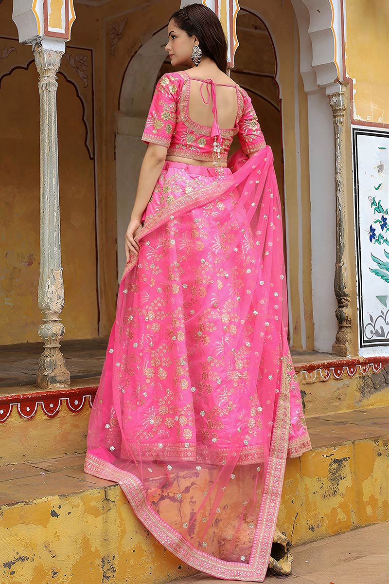 Fuchsia Bloom Pink Lehenga with Golden Zari Embroidery & Sheer Dupatta RTI