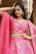 Fuchsia Bloom Pink Lehenga with Golden Zari Embroidery & Sheer Dupatta RTI