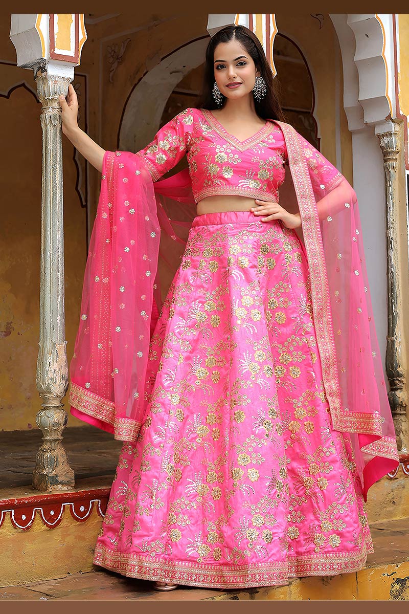 Fuchsia Bloom Pink Lehenga with Golden Zari Embroidery & Sheer Dupatta RTI