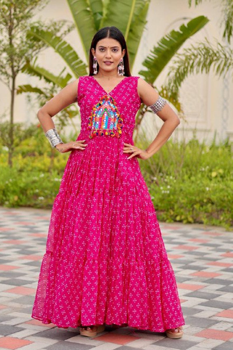 Pink Mirror Embroidered Faux Georgette Maxi Dress RTI