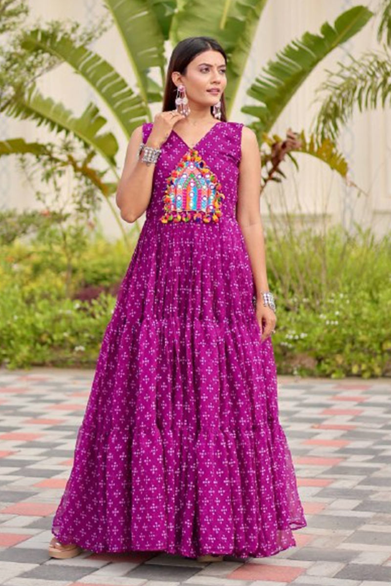 Purple Mirror Embroidered Faux Georgette Maxi Dress RTI
