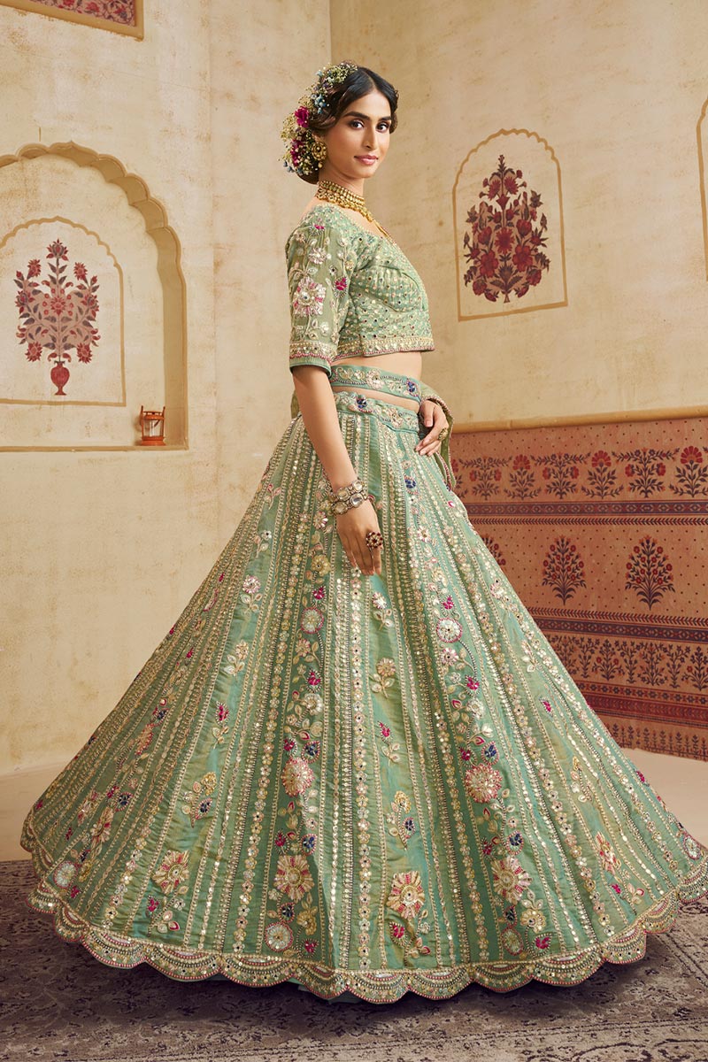 Pastel Green Embroidered Net Lehenga Choli with Floral Motifs RTI
