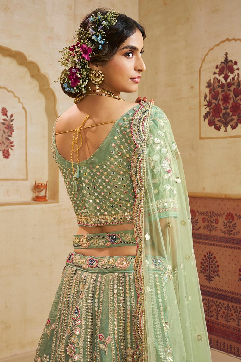 Pastel Green Embroidered Net Lehenga Choli with Floral Motifs RTI