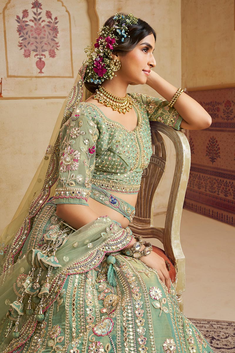 Pastel Green Embroidered Net Lehenga Choli with Floral Motifs RTI