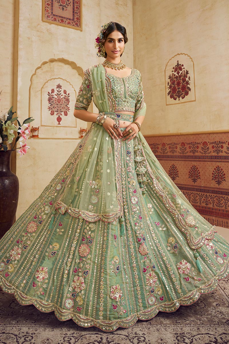 Pastel Green Embroidered Net Lehenga Choli with Floral Motifs RTI