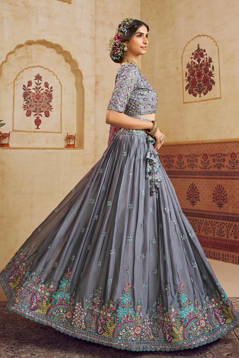 Charcoal Grey Lehenga Choli with Mirror Embroidery & Pink Dupatta RTI