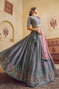 Charcoal Grey Lehenga Choli with Mirror Embroidery & Pink Dupatta RTI