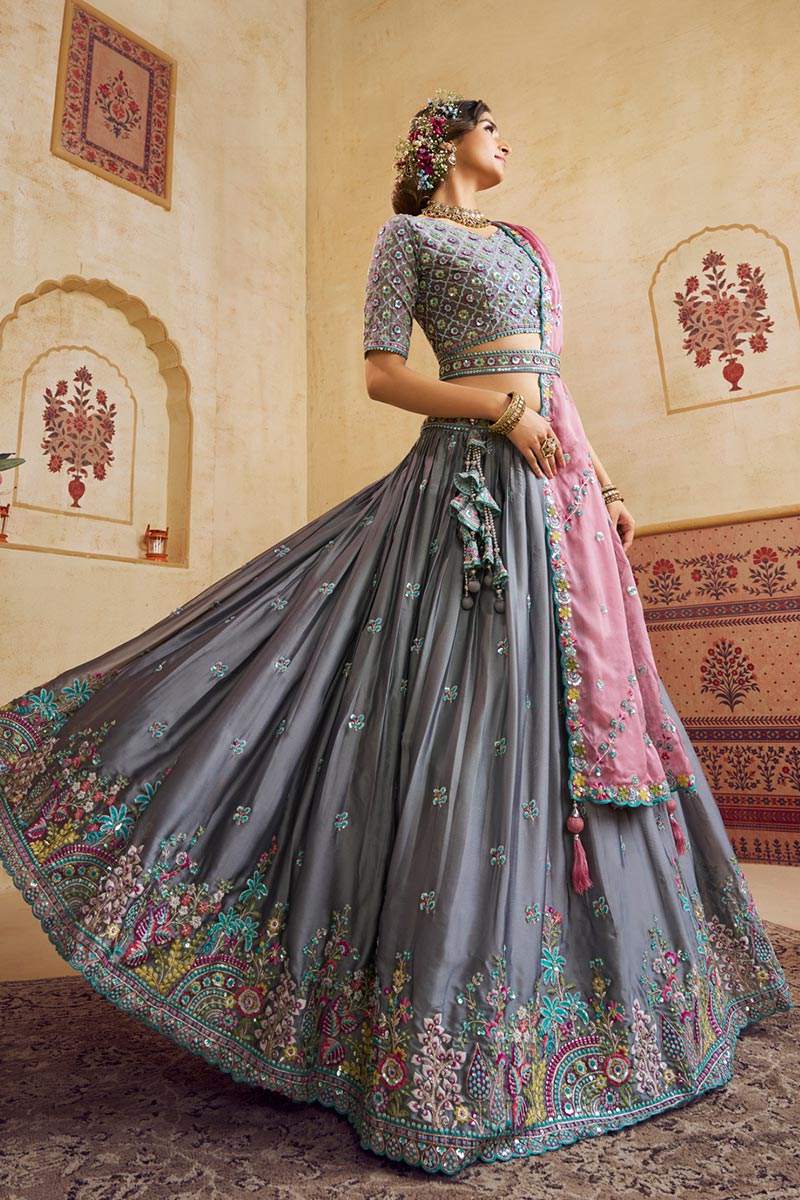 Charcoal Grey Lehenga Choli with Mirror Embroidery & Pink Dupatta RTI