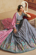 Charcoal Grey Lehenga Choli with Mirror Embroidery & Pink Dupatta RTI