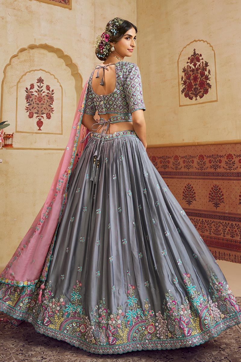 Charcoal Grey Lehenga Choli with Mirror Embroidery & Pink Dupatta RTI