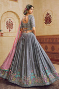 Charcoal Grey Lehenga Choli with Mirror Embroidery & Pink Dupatta RTI