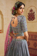 Charcoal Grey Lehenga Choli with Mirror Embroidery & Pink Dupatta RTI
