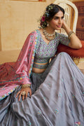 Charcoal Grey Lehenga Choli with Mirror Embroidery & Pink Dupatta RTI