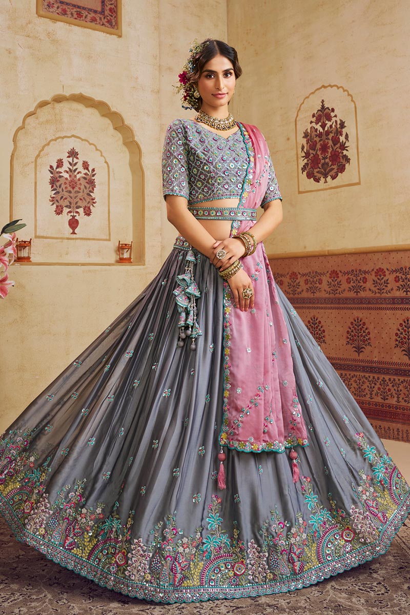 Charcoal Grey Lehenga Choli with Mirror Embroidery & Pink Dupatta RTI