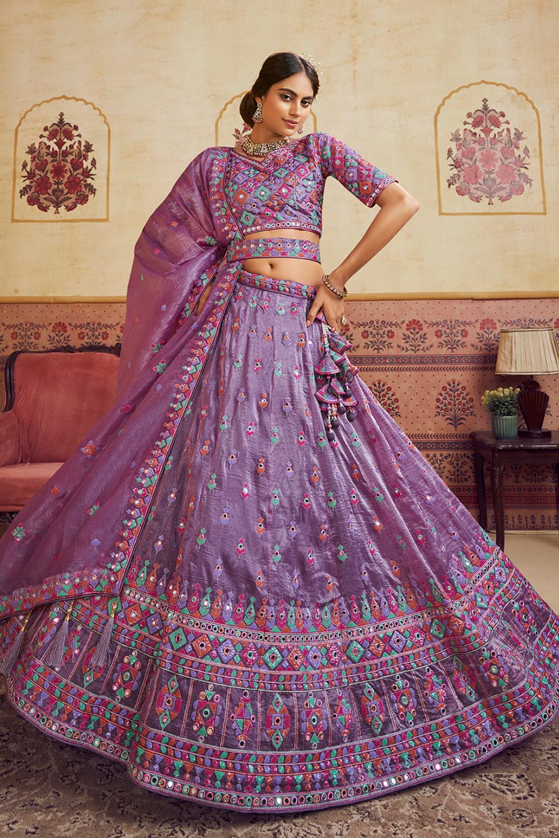 Lavender Embroidered Lehenga Choli with Pink Dupatta | Mirror Work | UK Shipping RTI