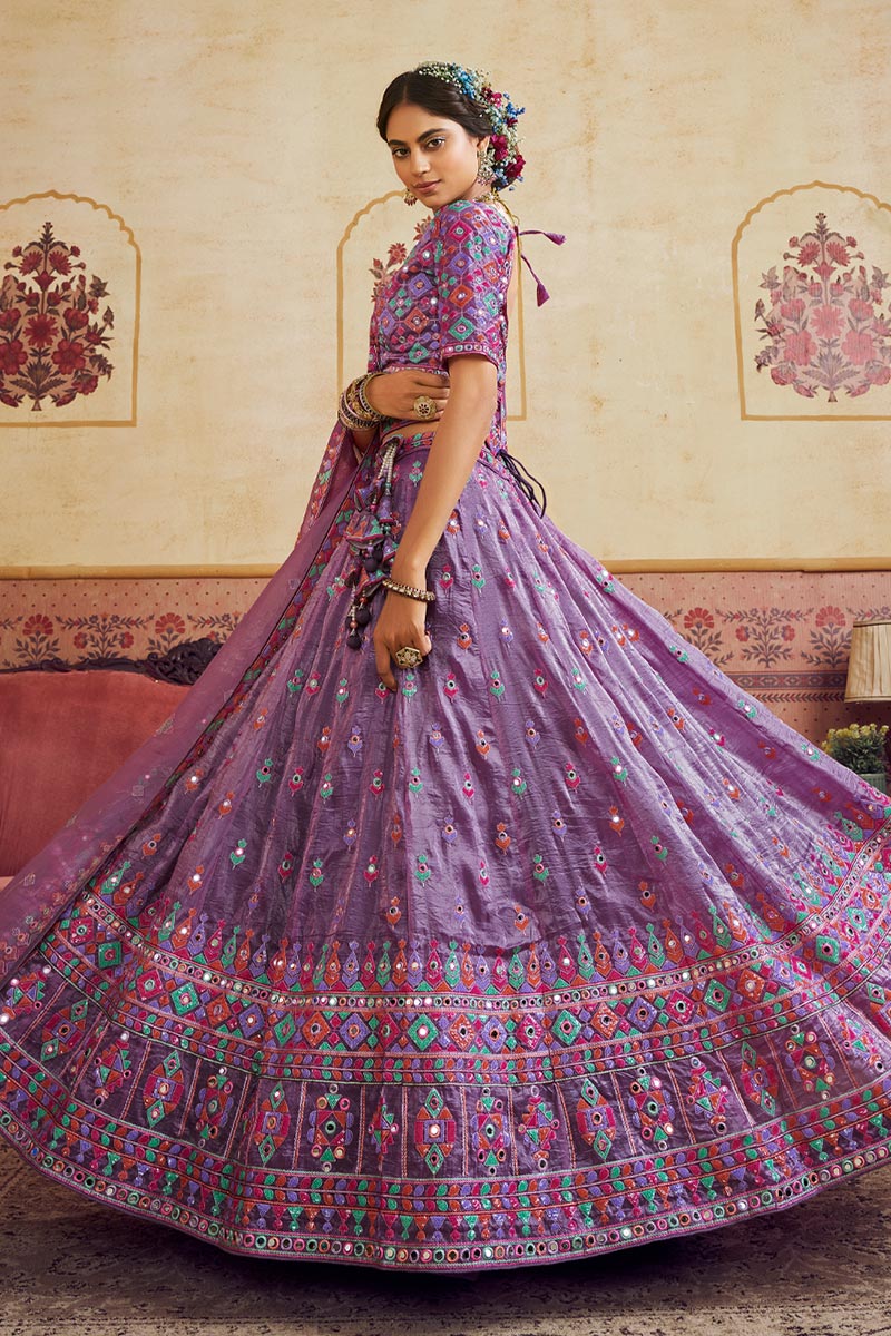 Lavender Embroidered Lehenga Choli with Pink Dupatta | Mirror Work | UK Shipping RTI