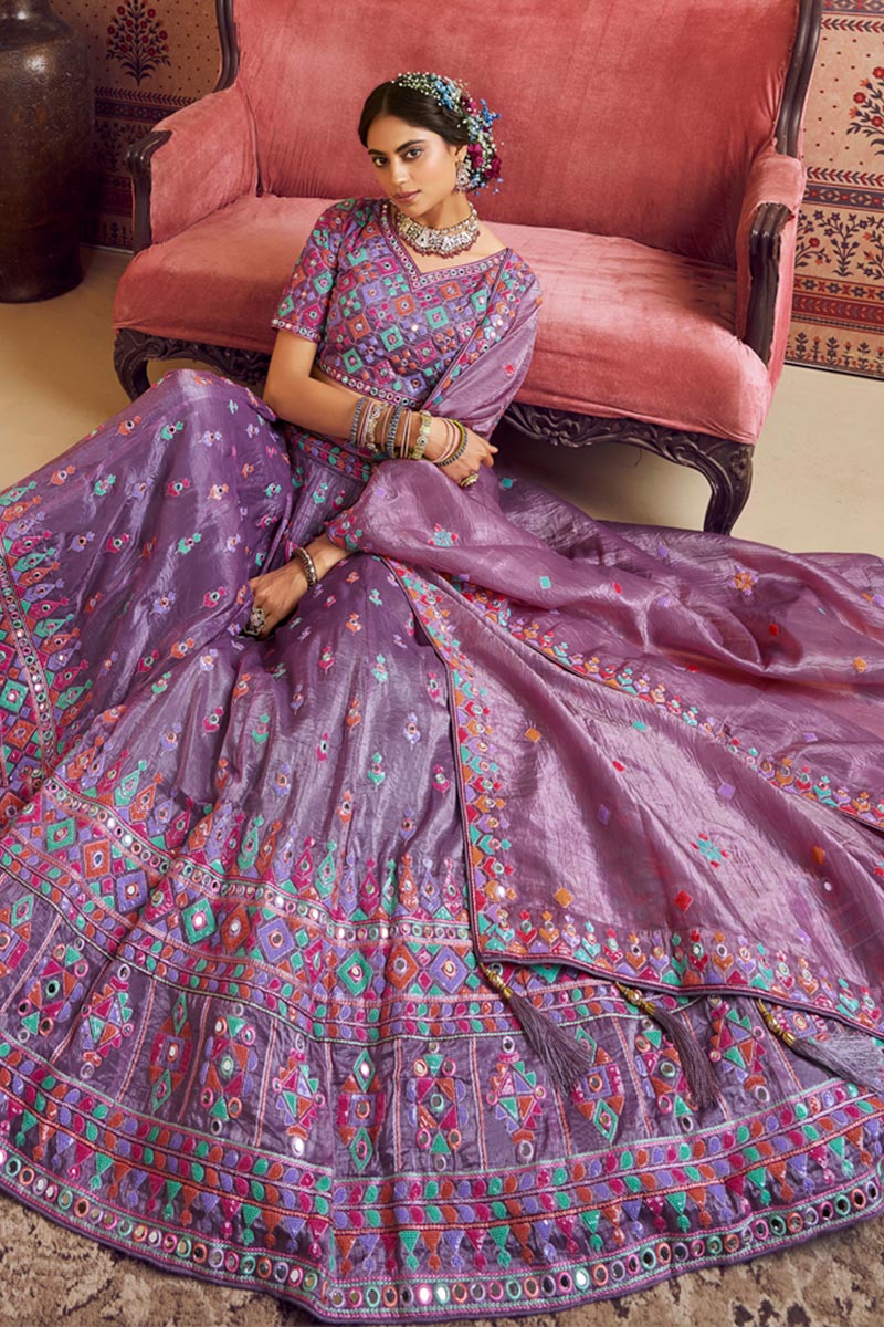 Lavender Embroidered Lehenga Choli with Pink Dupatta | Mirror Work | UK Shipping RTI