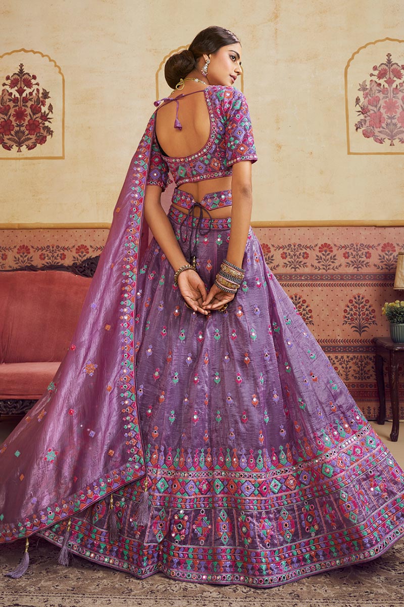 Lavender Embroidered Lehenga Choli with Pink Dupatta | Mirror Work | UK Shipping RTI