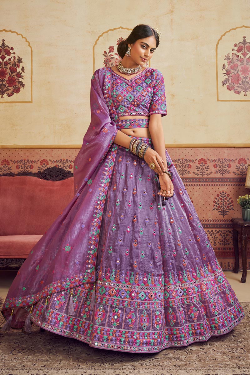 Lavender Embroidered Lehenga Choli with Pink Dupatta | Mirror Work | UK Shipping RTI