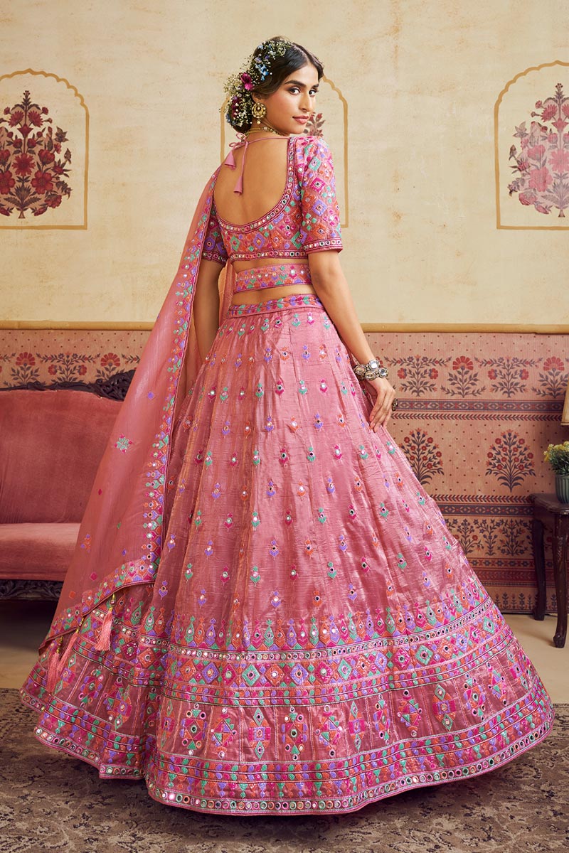 Designer Pink Lehenga Choli with Mirror Embroidery & Organza Dupatta RTI