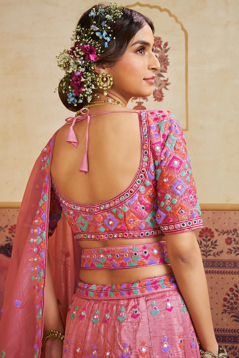 Designer Pink Lehenga Choli with Mirror Embroidery & Organza Dupatta RTI