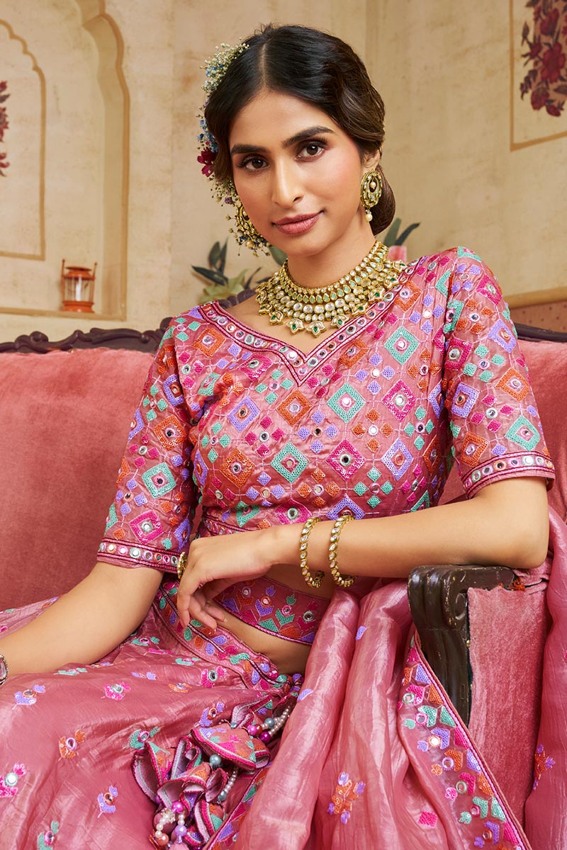 Designer Pink Lehenga Choli with Mirror Embroidery & Organza Dupatta RTI