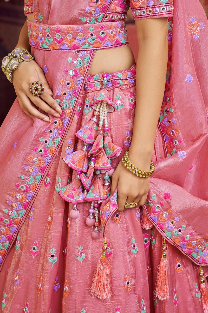 Designer Pink Lehenga Choli with Mirror Embroidery & Organza Dupatta RTI