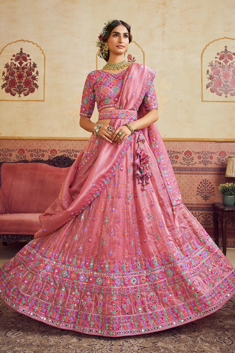 Designer Pink Lehenga Choli with Mirror Embroidery & Organza Dupatta RTI