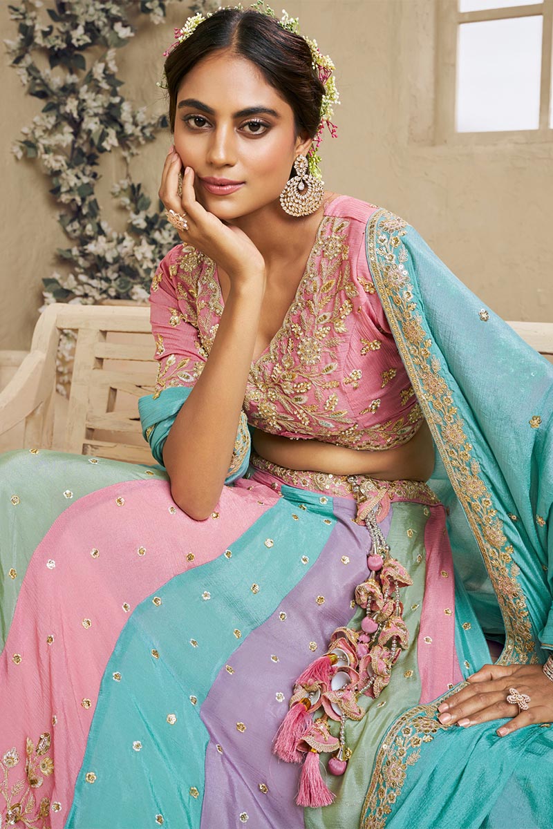 Mirror Embroidered Lehenga with Blush Multi Colour Dupatta RTI