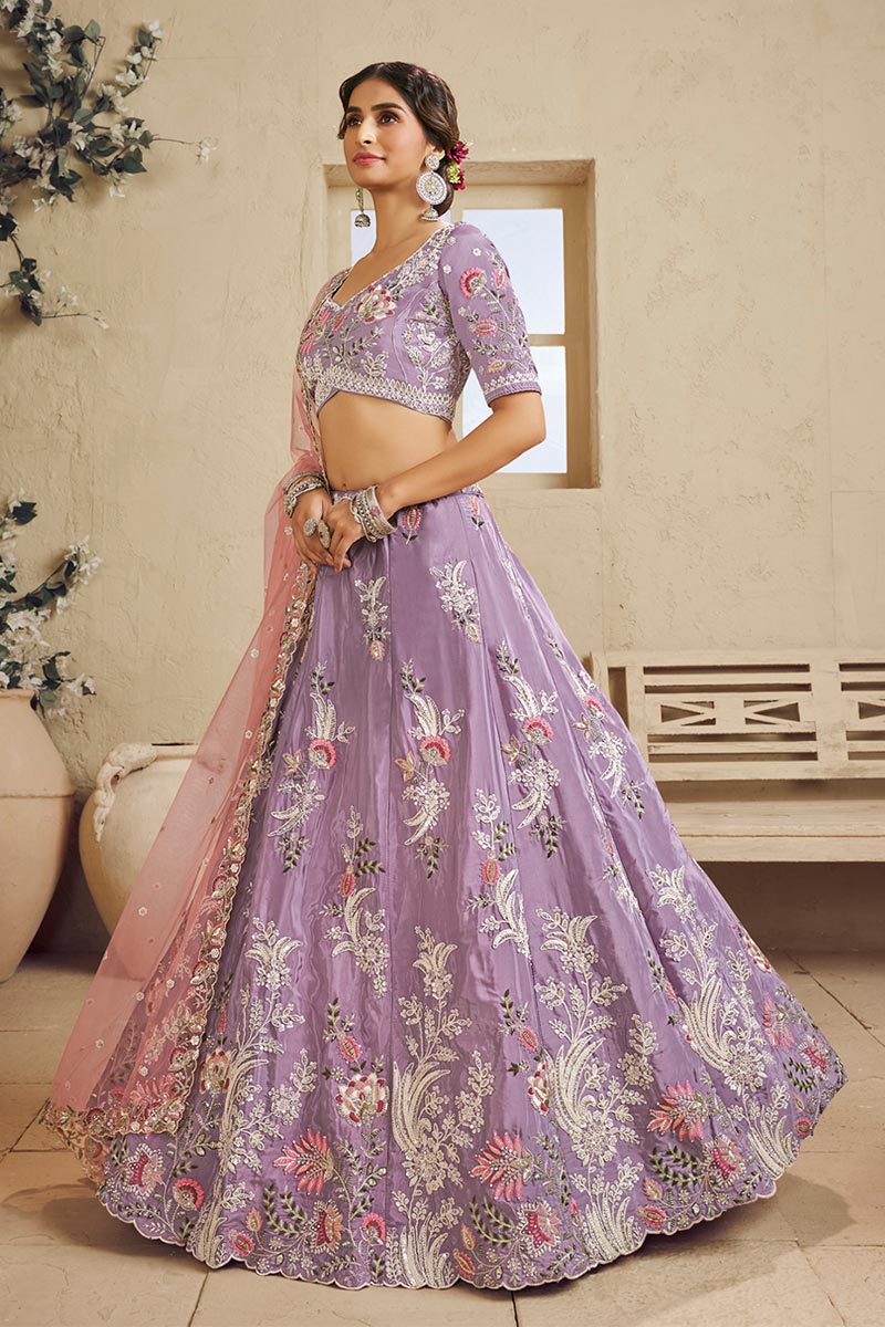 Floral Spark Embroidered Lavender Lehenga with Soft Pink Dupatta RTI