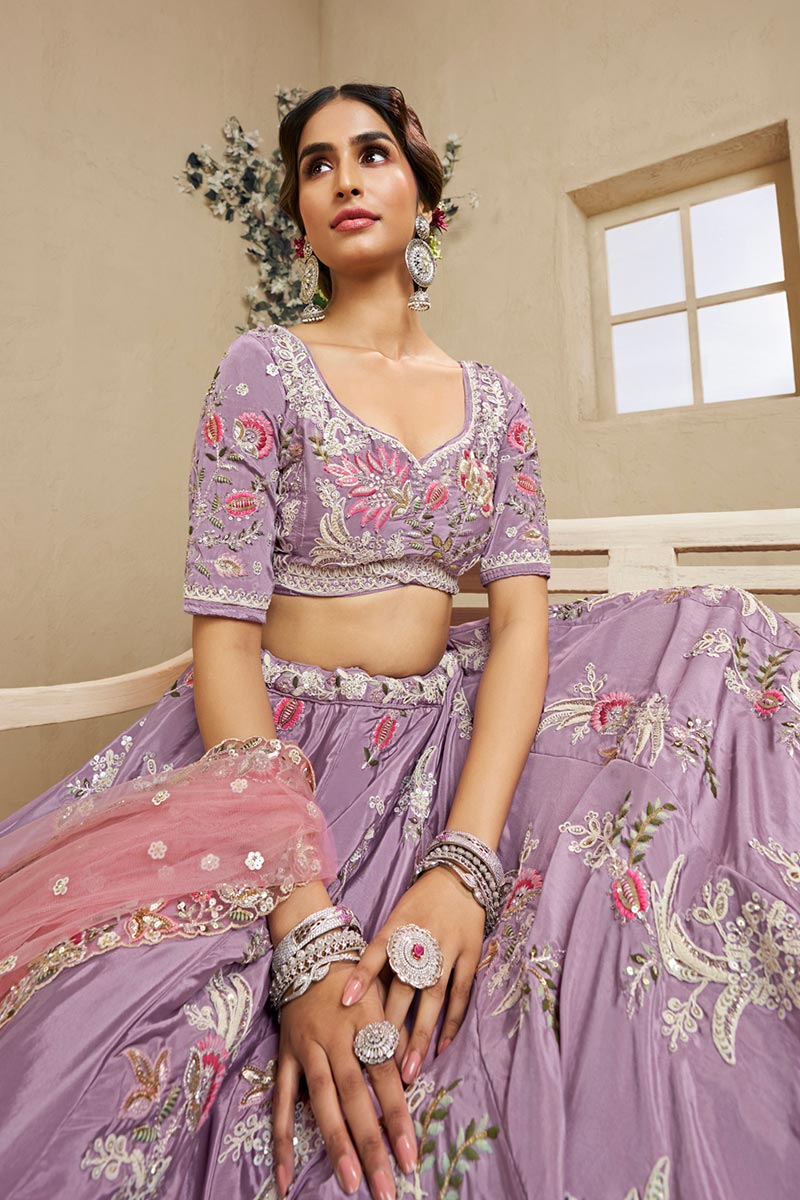 Floral Spark Embroidered Lavender Lehenga with Soft Pink Dupatta RTI