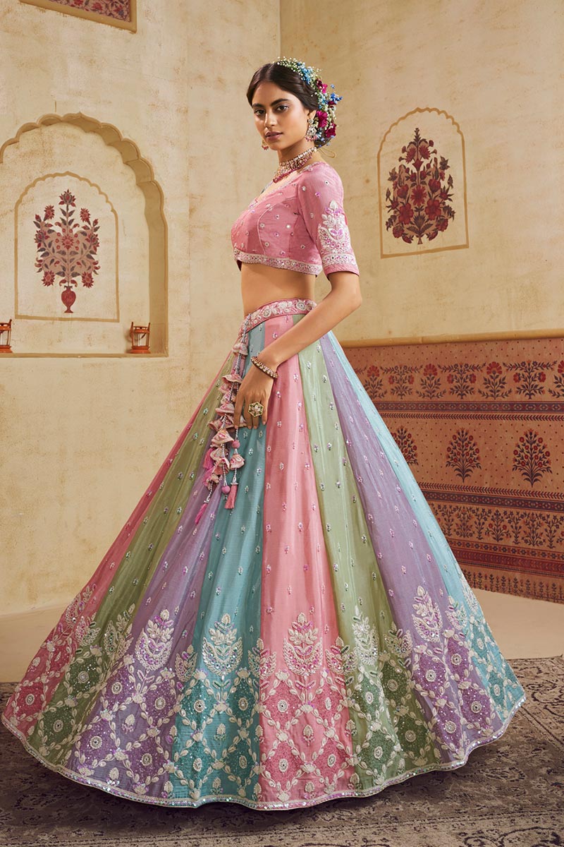 Multi Colour Embroidered Lehenga Choli with Turquoise Blue Dupatta | UK Shipping RTI