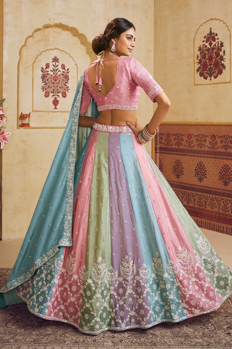 Multi Colour Embroidered Lehenga Choli with Turquoise Blue Dupatta | UK Shipping RTI