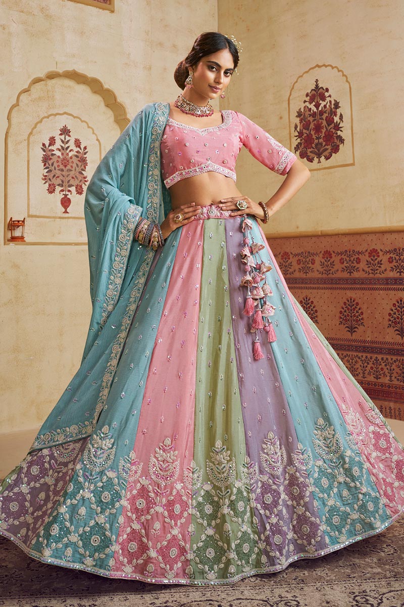 Multi Colour Embroidered Lehenga Choli with Turquoise Blue Dupatta | UK Shipping RTI