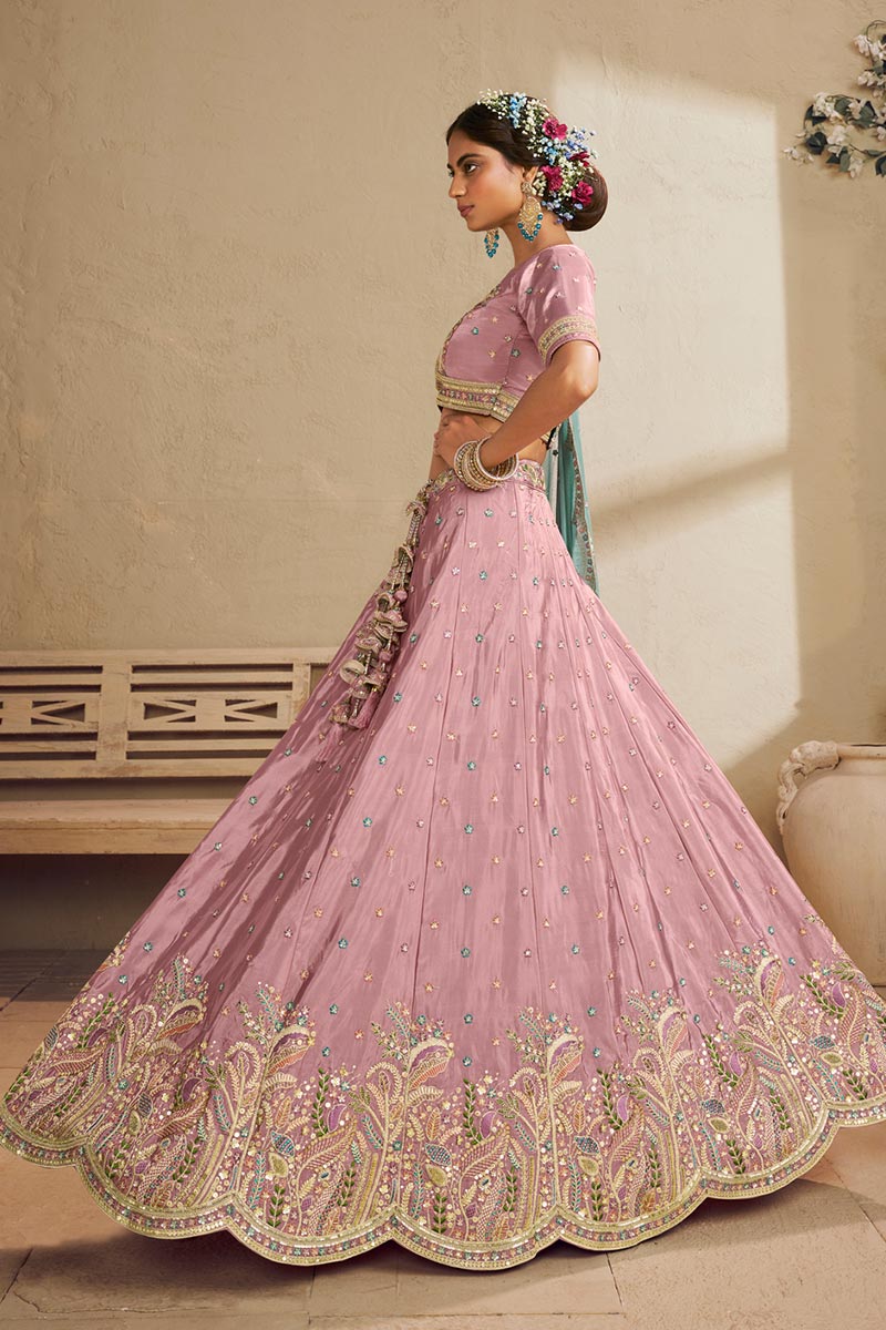 Vibrant Pink Lehenga Choli with Turquoise Dupatta – Festive Wear for Weddings & Parties RTI